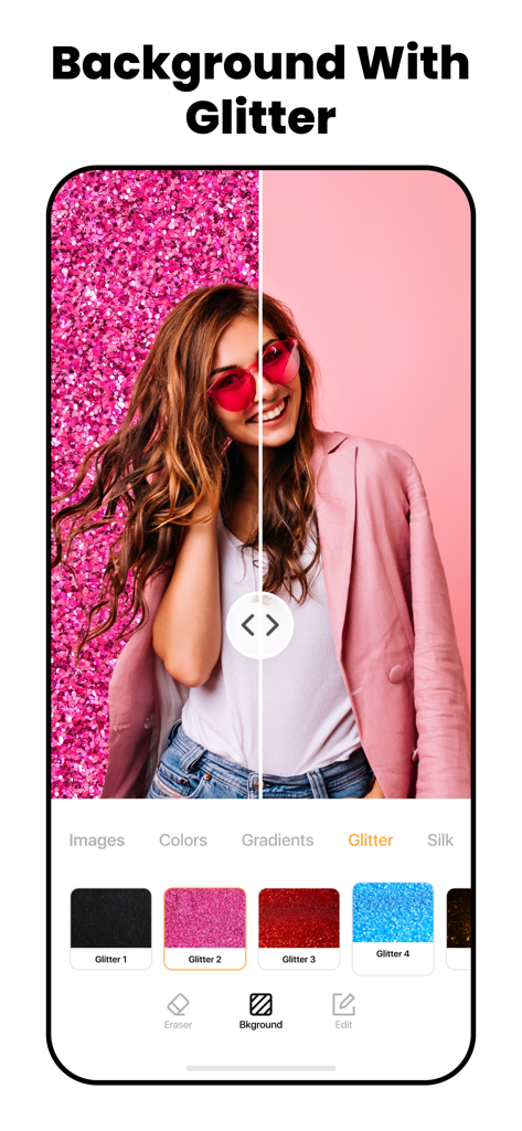 Interface showing a split screen comparison of a woman with a pink glitter background and a plain background