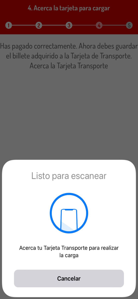 NFC scanning interface on an iPhone for topping up a Madrid public transport card