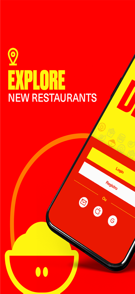 DIG-IN Portugal - DIG-IN Portugal app login screen with the text Explore New Restaurants on a red and yellow background