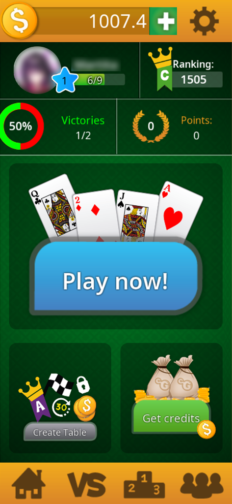 Menú principal de la app Juego Multijugador Sueca mostrando el perfil del jugador y el botón de jugar ahora