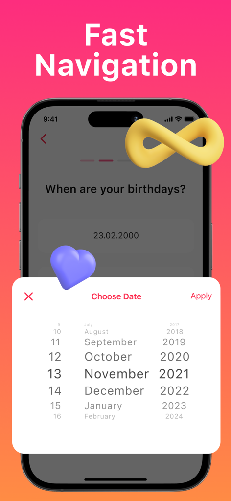 장식적인 3D 하트와 무한대 아이콘이 있는 생일 날짜 선택기를 보여주는 My Love Relationship Tracker 앱의 사용자 인터페이스