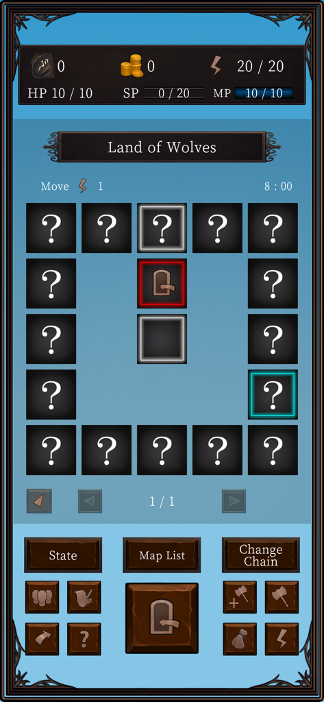 Ax RPG II - Interface de jeu d'Ax RPG II montrant une carte d'exploration basée sur une grille intitulée Land of Wolves avec des barres d'état de personnage et des boutons tactiques