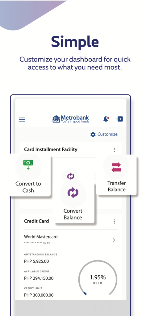 Metrobank app dashboard showing credit card details and customization options for quick access to banking features