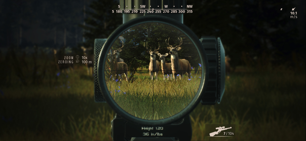 Way of the Hunter Wild America - First person view through a rifle scope aiming at a group of deer in a field
