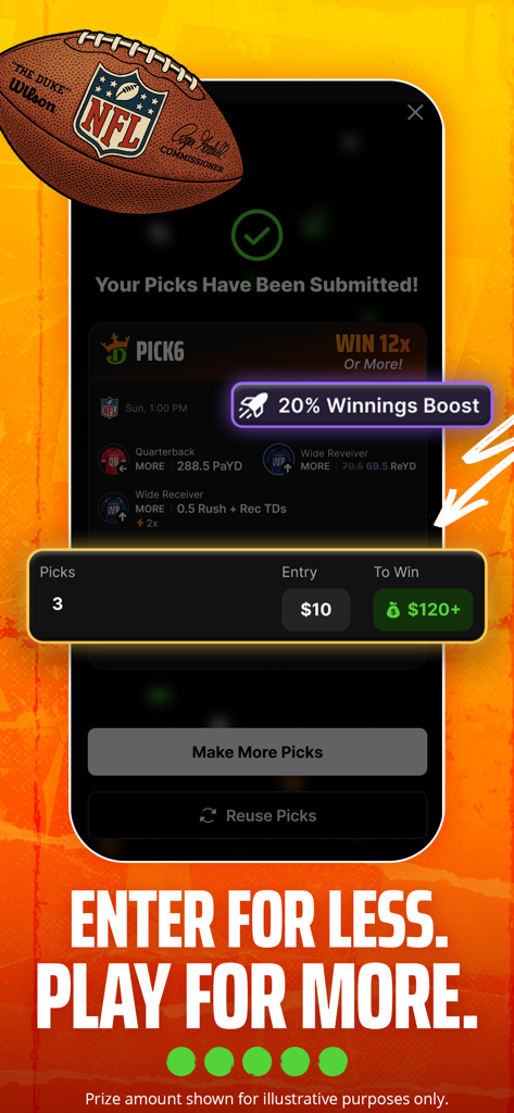 DraftKings Pick6のモバイルアプリインターフェース。提出された3つのピックのファンタジーエントリーと20％の配当ブーストを表示。