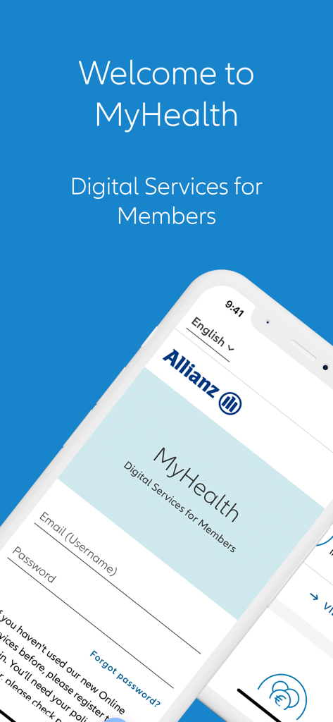 Allianz MyHealth - Allianz MyHealth app welcome screen showing a mobile login page for digital health services