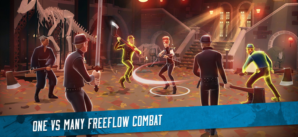 Eine weibliche Kriegerin führt im Freikampf Eins-gegen-Viele-Kämpfe gegen mehrere Gegner in einem Museum durch