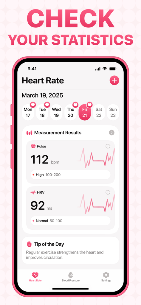맥박 및 HRV 통계를 보여주는 Heart Beat 앱 대시보드