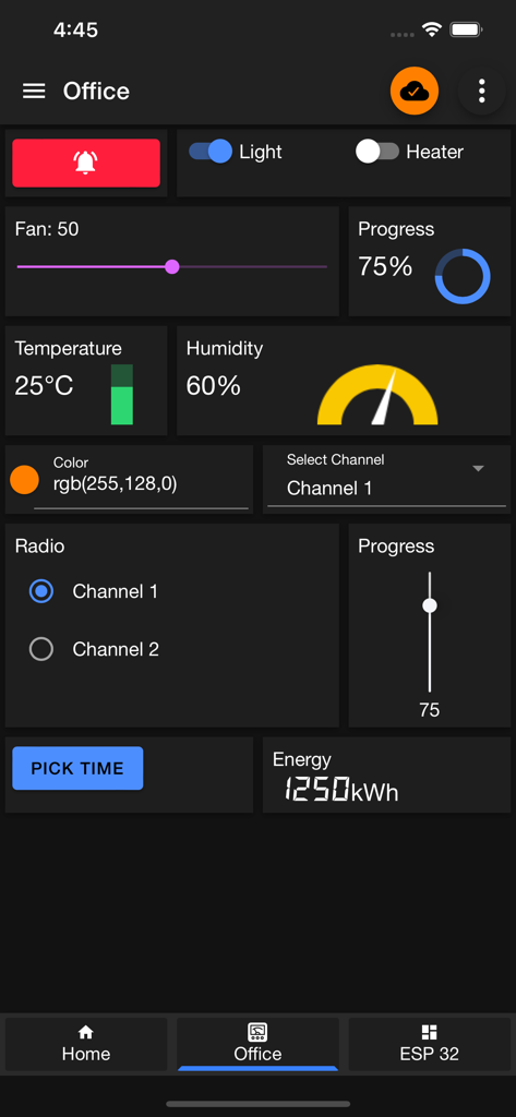 IoT MQTT Panel Pro - Customizable IoT dashboard for smart home office featuring temperature humidity gauges and device switches in dark mode.
