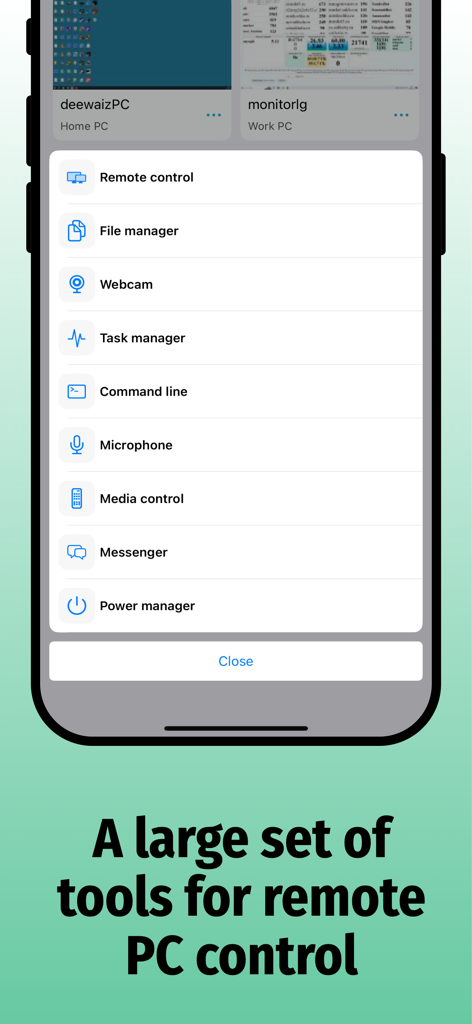 GPP Remote Viewer - Interface of GPP Remote Viewer app showing a menu of remote PC tools including File manager, Webcam, and Task manager.