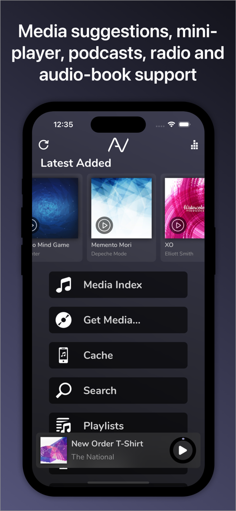 Pantalla de inicio de la aplicación AVSub mostrando los álbumes añadidos recientemente y el menú de navegación de medios