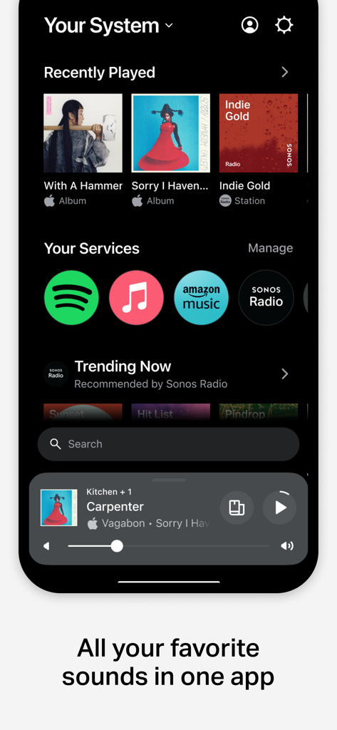The Sonos app home screen showing recently played music and integrated streaming services like Spotify and Apple Music.