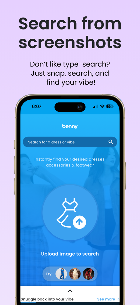 benny: AI fashion search - A smartphone showing the benny app interface for searching fashion products using screenshots or uploaded images.
