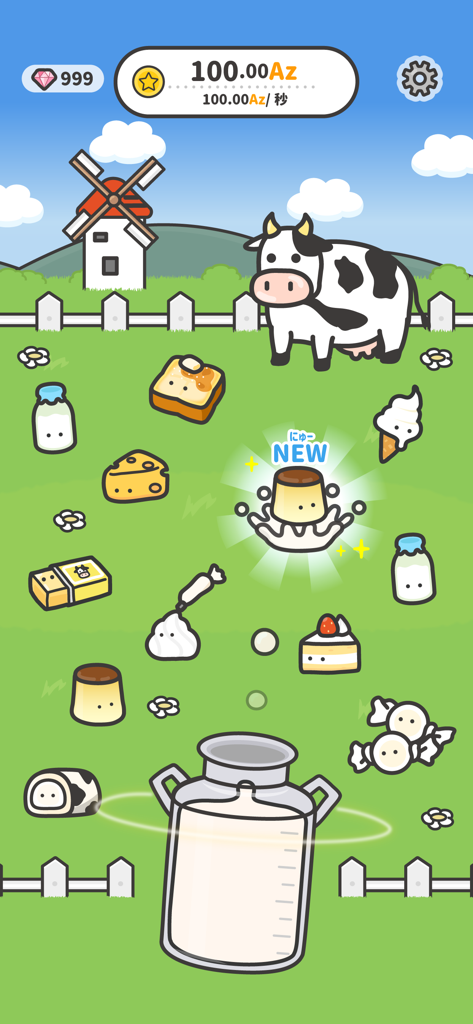 Gameplay screenshot of Moo Moo Farm showing a cow in a field with various dairy items to merge and a new pudding item unlocked