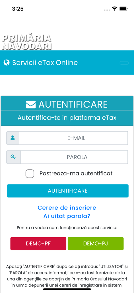eTax Năvodari - Login screen for the eTax Navodari online tax services application