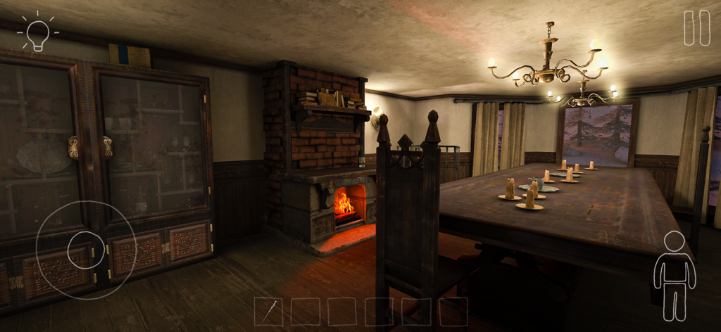 911: Prey (Horror Escape Game) - Comedor con poca luz y una chimenea encendida y velas en el juego de escape de terror 911 Prey