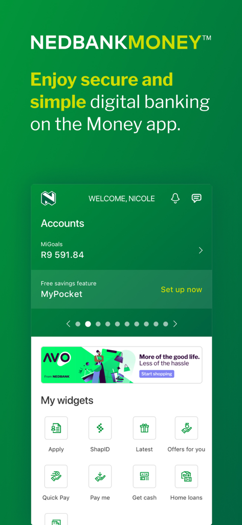 Nedbank Money - The home screen of the Nedbank Money app showing account details and financial widgets.