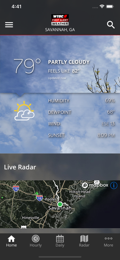 WTOC First Alert Radar - WTOC First Alert Radar app interface showing weather conditions and live radar for Savannah Georgia