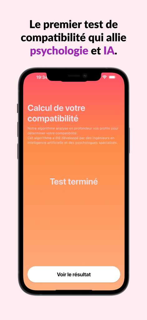 Interface do aplicativo Yoni IA exibindo um teste de compatibilidade amorosa finalizado com base em IA e psicologia