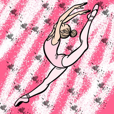 gymnast doing a leap in a leotard with a bent back leg