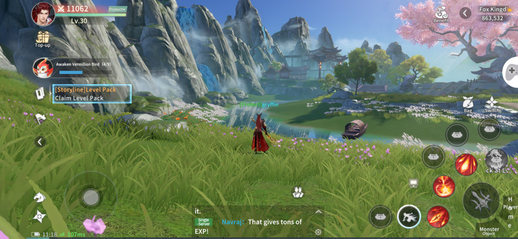 Gameplay screenshot of a character exploring the lush open world landscape in Eternal Sword Pact mobile game