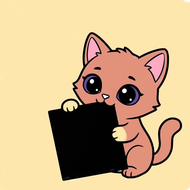 a small cat with a blank sheet of paper in its hand. the cat is sooooooo cute!