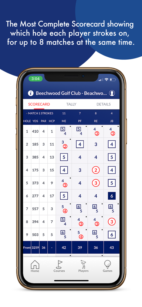 A detailed digital golf scorecard on the Golf Bettor app showing player strokes and handicaps for multiple matches