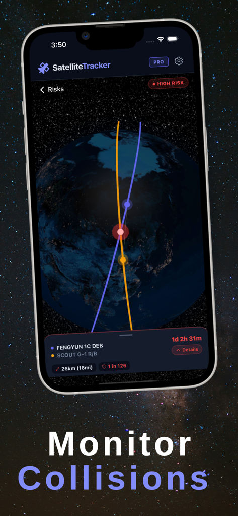 Satellite Tracker° - Interfaz de la aplicación Satellite Tracker que muestra una visualización 3D de una colisión orbital de alto riesgo entre dos satélites.