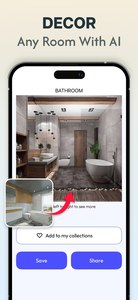 Interior AI Room Home Design - AI interior design app showing a modern bathroom remodel and decor options
