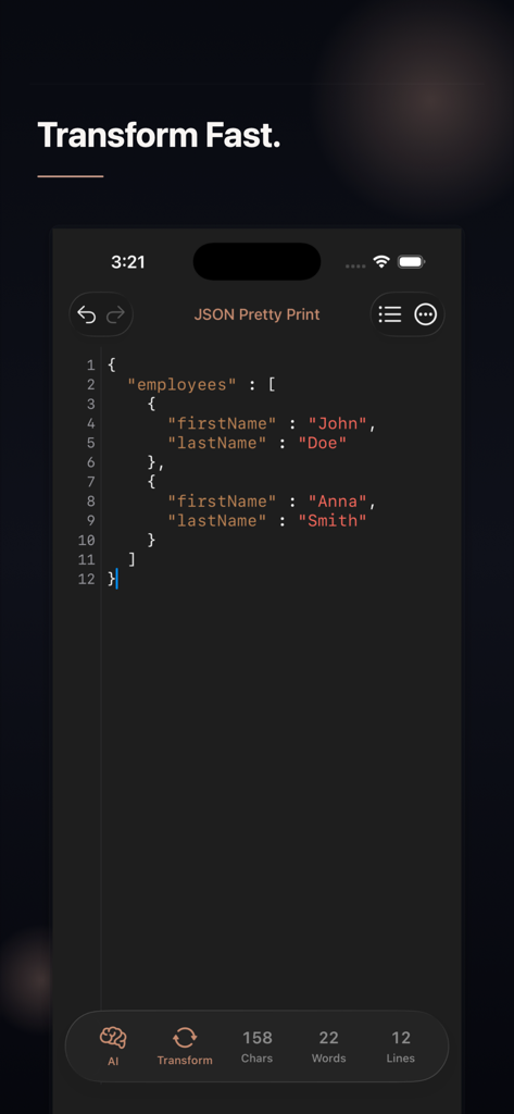 TextNova app interface showing formatted JSON code on iPhone