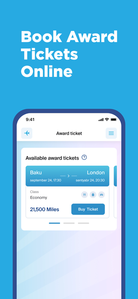 AZAL - Book Flight Ticket - Azerbaijan Airlines app interface for booking award tickets with AZAL Miles from Baku to London