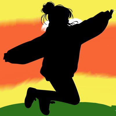 realistic girl jumping with a bun and oversized sweatshirt