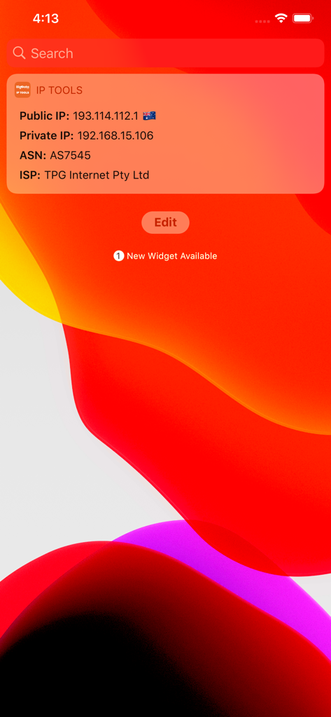 Widget de IP Tools Network Insights en un iPhone que muestra direcciones IP públicas y privadas, ASN y detalles del ISP