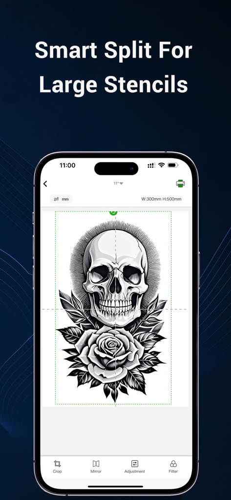 Smart Stencil - Smart Stencil app interface showing a skull and rose tattoo design being split into sections for a large stencil.