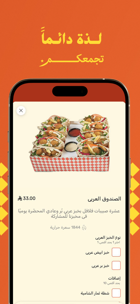 Falafel Themar | فلافل ثمار - A mobile interface for the Falafel Themar app showing a box of ten mini falafel sandwiches with customization options and price.