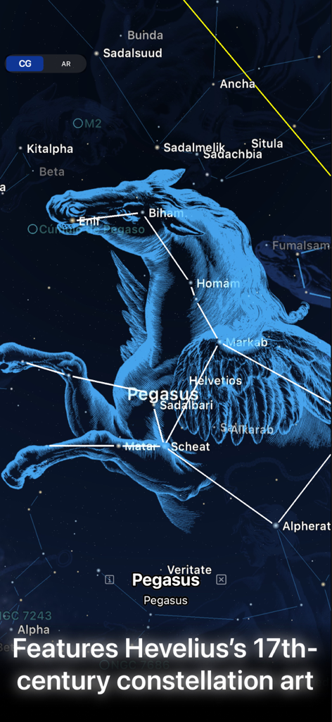Starry Map - A 17th-century Hevelius illustration of the Pegasus constellation shown in the Starry Map app.
