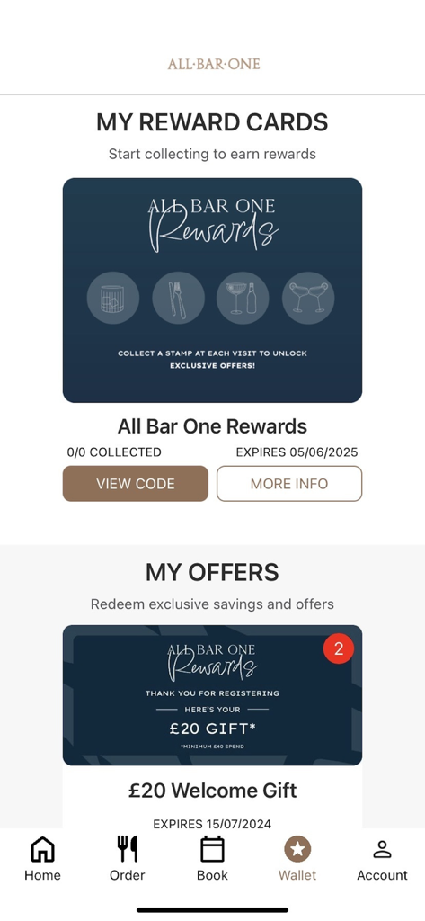 All Bar One - All Bar One App Wallet-Oberfläche, die Treuekarten und ein Willkommensgeschenk-Angebot anzeigt