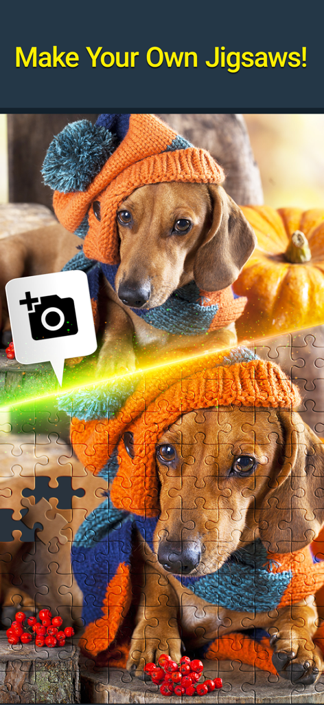 Jigsaw Puzzle Crown for Adults - A screen demonstrating the feature to create a custom jigsaw puzzle from a personal photo of a dog