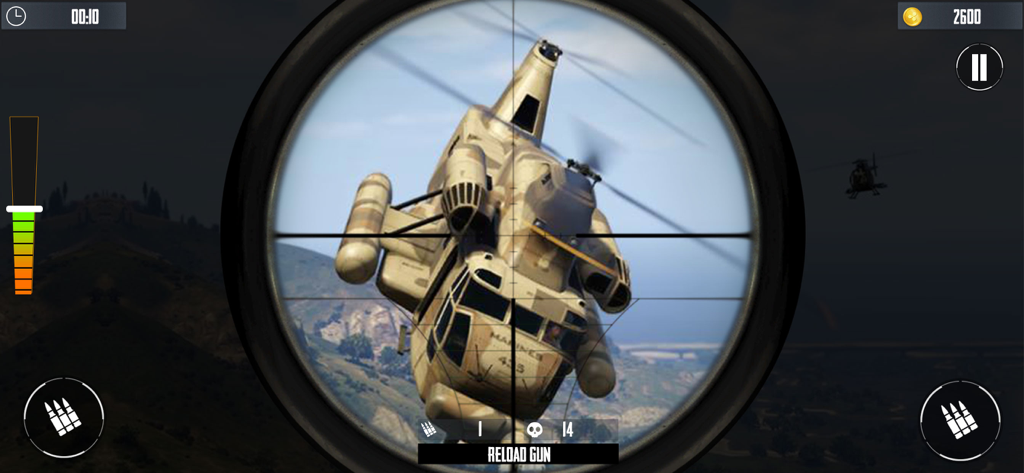 Sniper Shooting 3D Game - Vista de mira de francotirador apuntando a un helicóptero militar en Sniper Shooting 3D Game