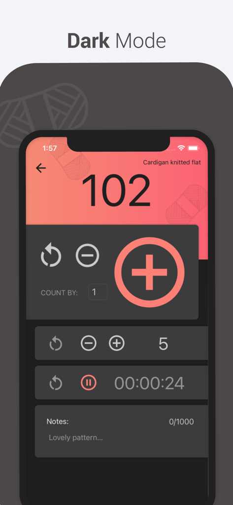 Easy Knitty app interface in Dark Mode showing a row counter at 102 with a large addition button and project timer