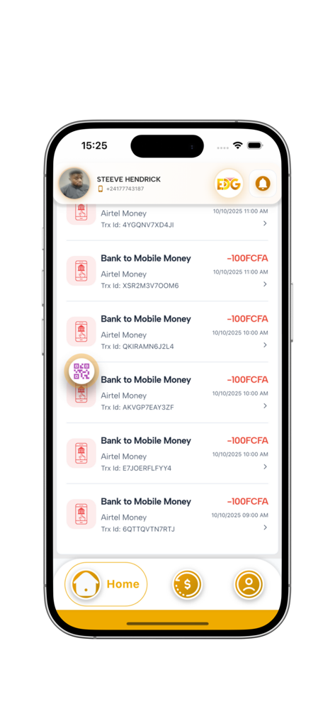 EDG MOBILE-BANK - Transaction history list in the EDG Mobile Bank app showing several bank to mobile money transfers.