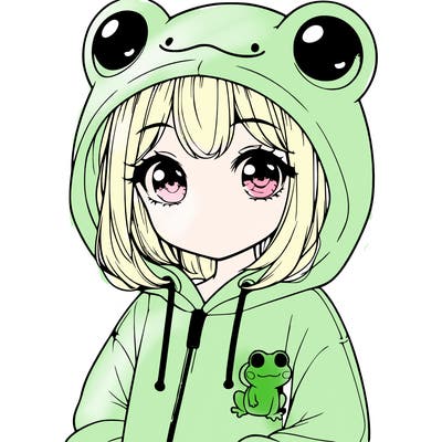 cute realistic girl in a froggy hoodie