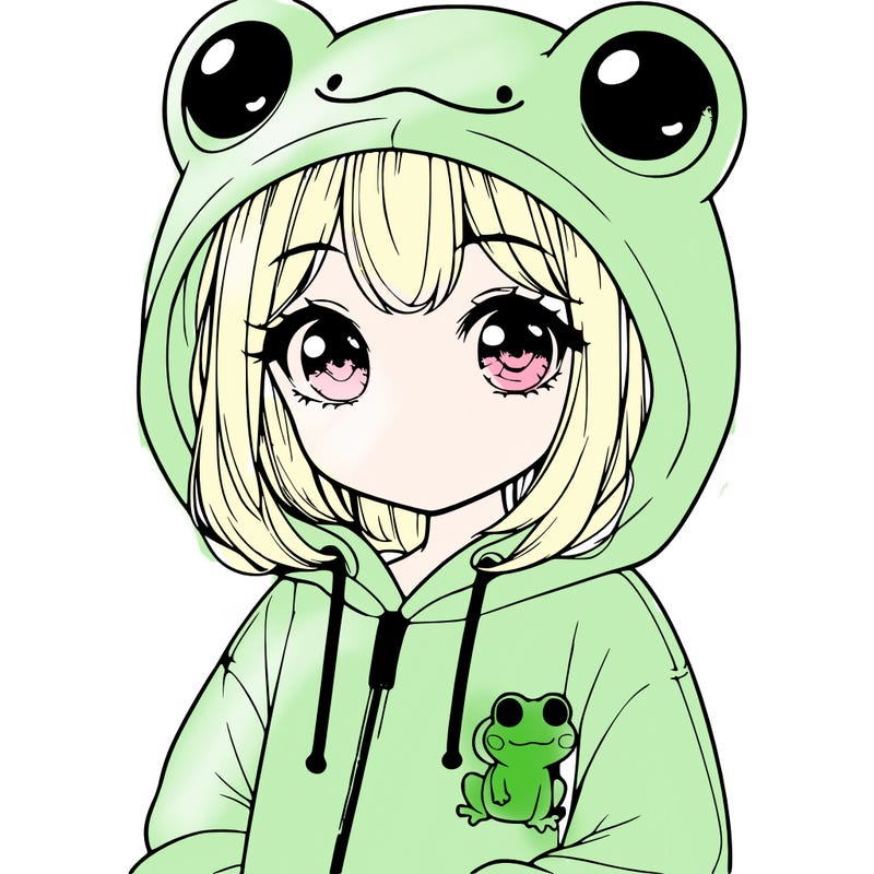 cute realistic girl in a froggy hoodie