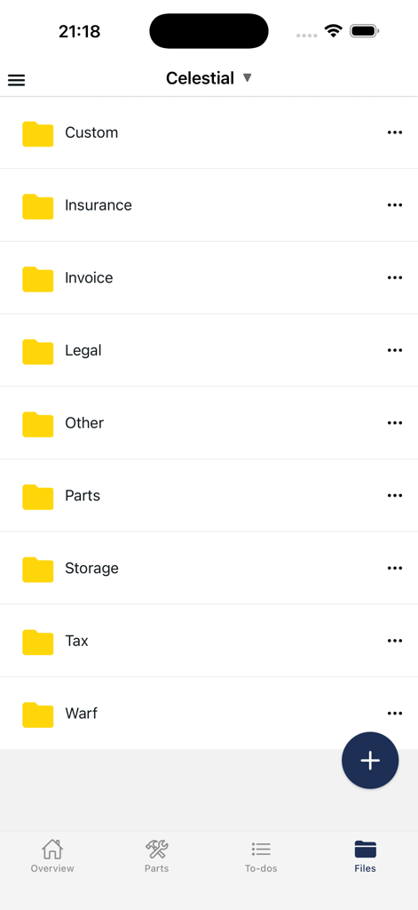 Boat Maintenance Planner - Boat maintenance app screen showing organized folders for boat insurance and invoices