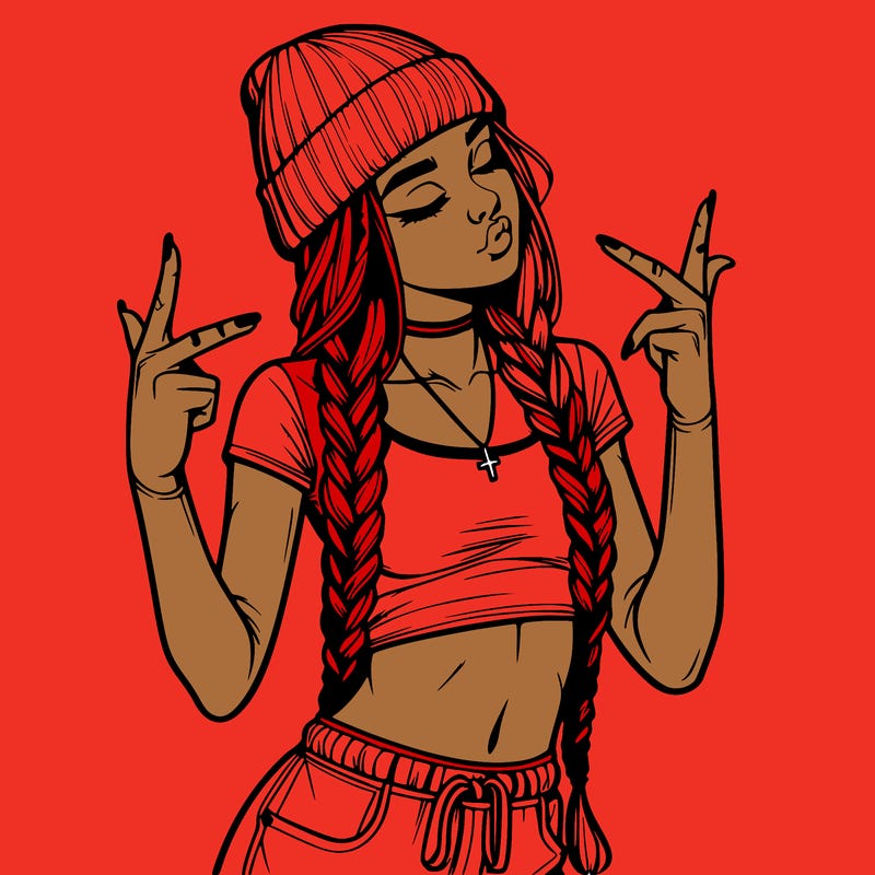 realistic teenage girl with braids and a beanie and crop top doing 🫶🏼