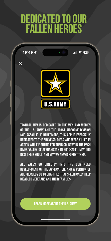 Tactical NAV app screen dedicated to U.S. Army fallen heroes and veteran charities