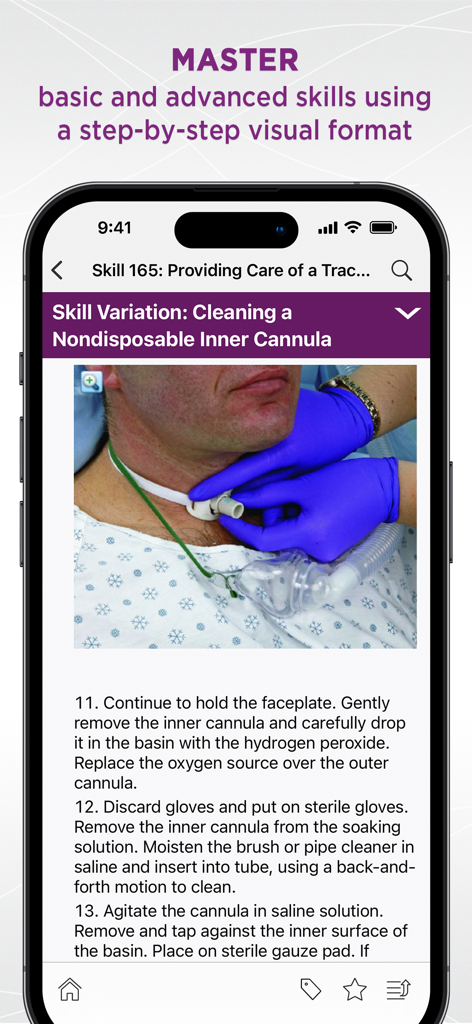 Taylor's Nursing Skills - Taylors Nursing Skills app interface showing a step by step clinical procedure for tracheostomy care with photos and instructions