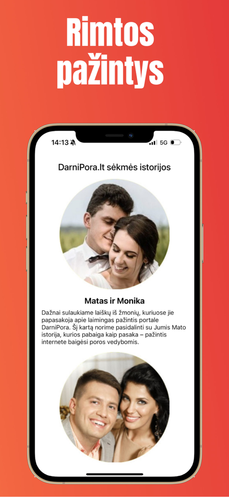 Interface do aplicativo de namoro Darnipora mostrando histórias de sucesso de casais lituanos felizes