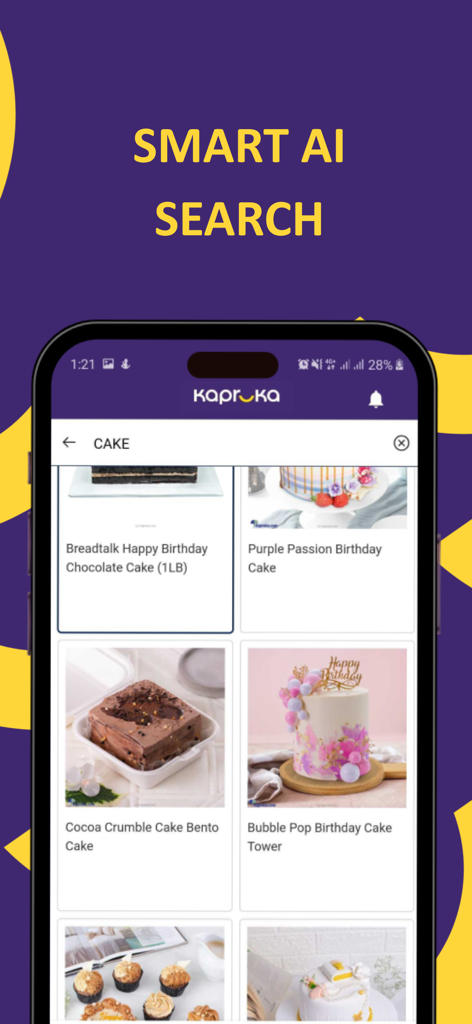 Kapruka mobile app screen showing search results for various birthday cakes in Sri Lanka using smart AI search