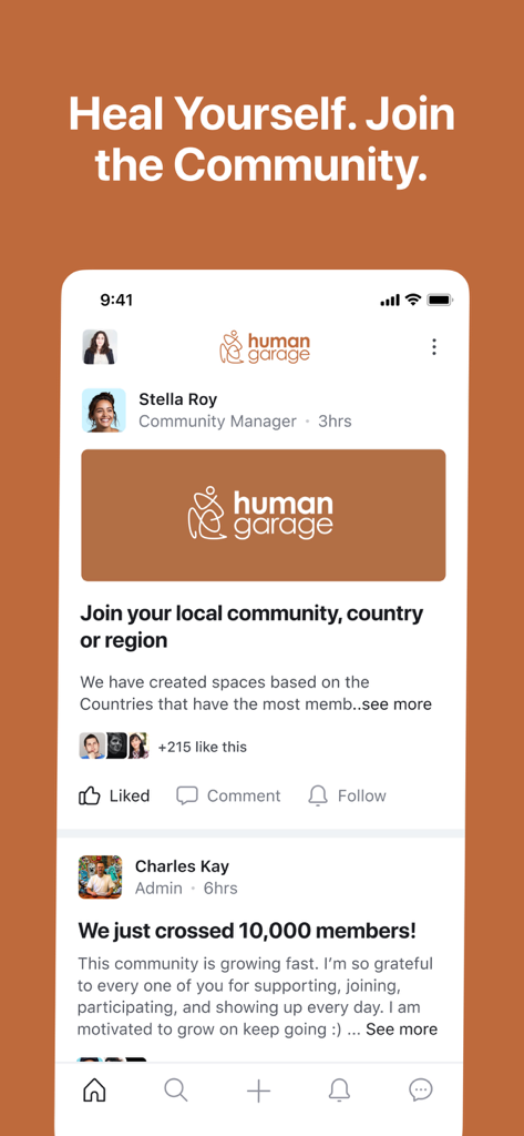 Human Garage - Human Garage app interface showing a social feed with community posts and member updates for wellness enthusiasts.